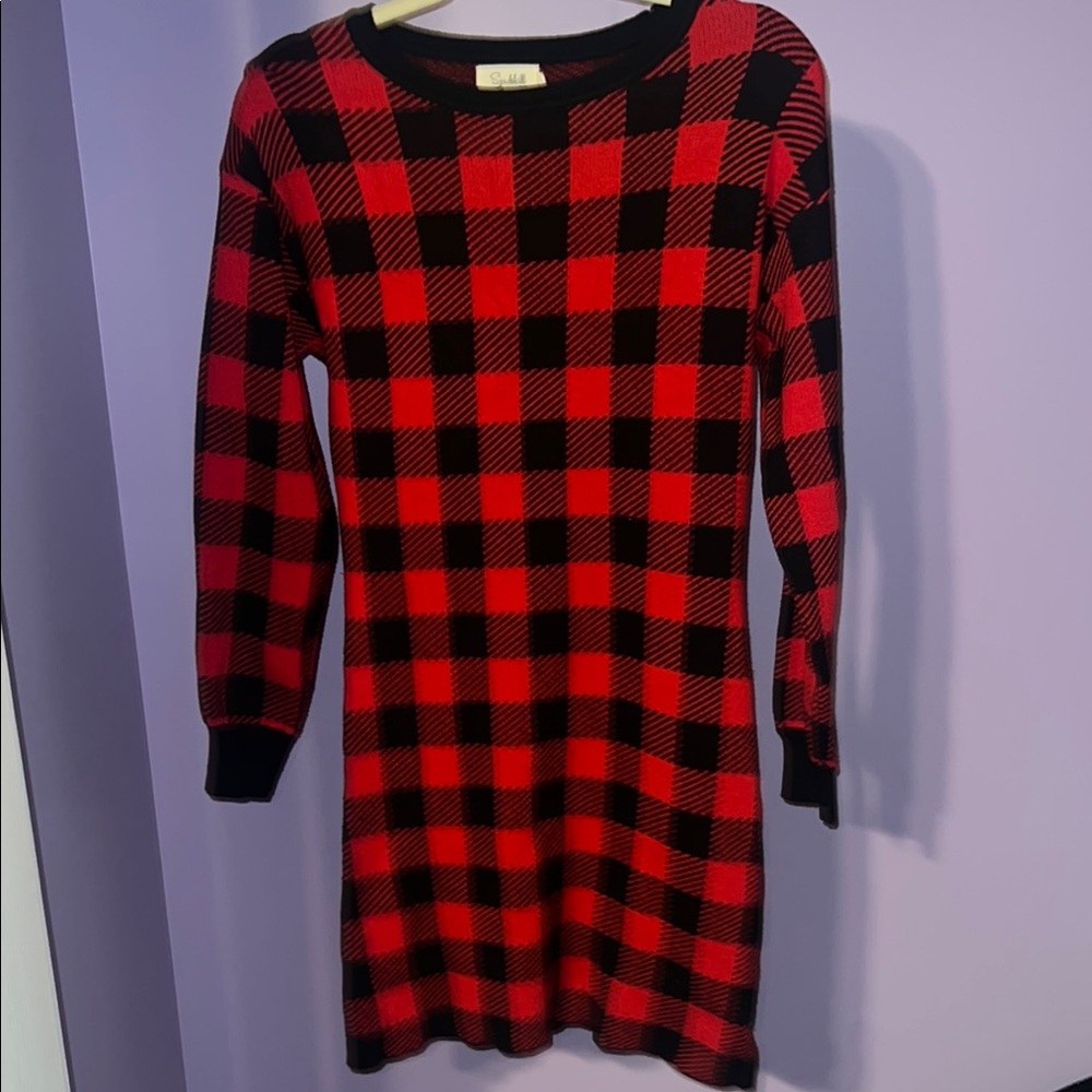 Red and Black Plaid Sweater Dress